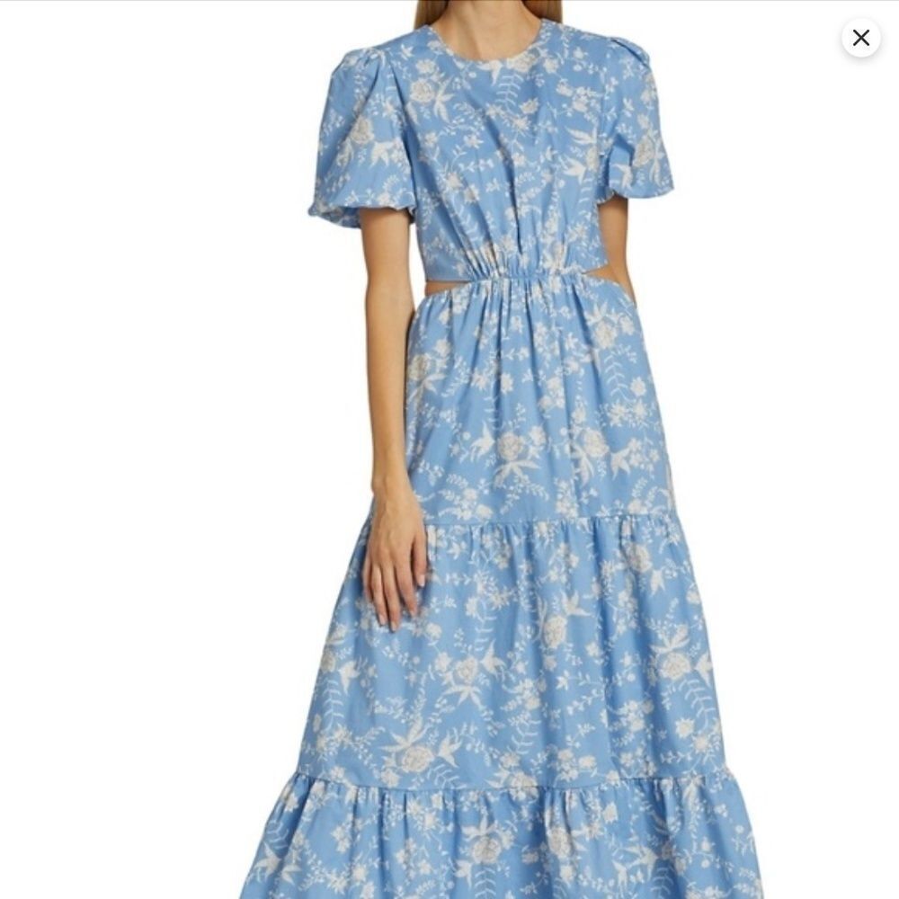 Wayf Plaza Floral Cut-Out Tiered Maxi Dress Size Small Blue and White